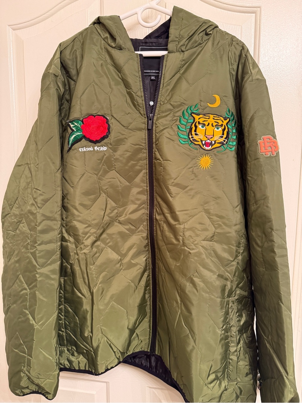 Reason Brand 3XL Olive Quilted Tiger Rose Embroidered Hooded Jacket NWT